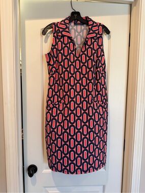 Katherine Way Coral and Navy Geometric Midi Shift Dress